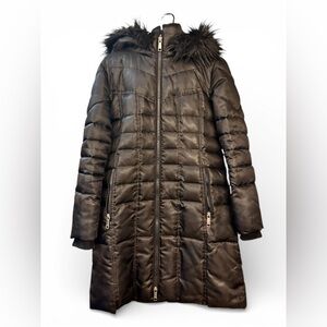 Nine West Dark Brown Puffer Coat with Faux Fur Hood